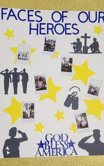 Gold glitter-bordered rectangular collage with pictures of service members which reads “Faces of our Heroes” and “God Bless America”