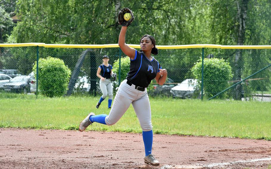 Hohenfels first baseman Jazlyn Campbell catches a throw for a force out during a Division II/III semifinal against Naples during the DODEA European softball championships on May 24, 2024, on Ramstein Air Base, Germany.