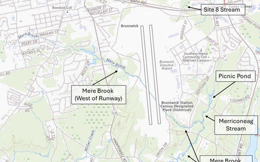 Potentially contaminated waterbodies near former base in August 2024