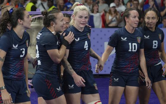 Army Capt. Sammy Sullivan (4), who sealed the deal with the final score, and the United States team celebrates after winning their rugby sevens quarterfinal match against Great Britain at the Olympics in Saint-Denis, France, on July 29, 2024.