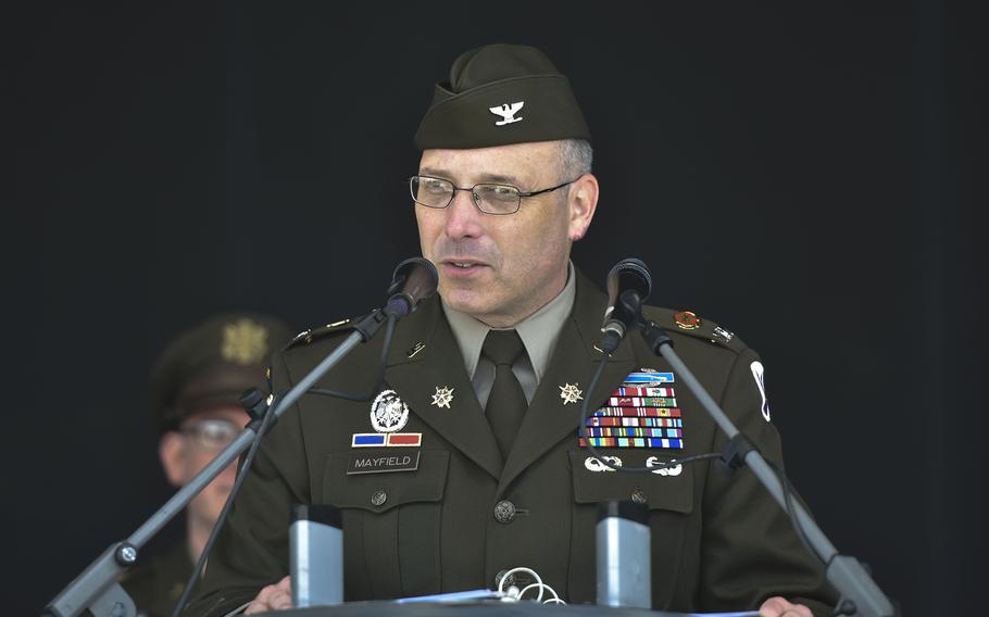 Wiesbaden garrison commander Col. David Mayfield speaks at the opening ceremony for the Berlin Airlift 75th anniversary June 15, 2024, on Clay Kaserne in Wiesbaden, Germany. 