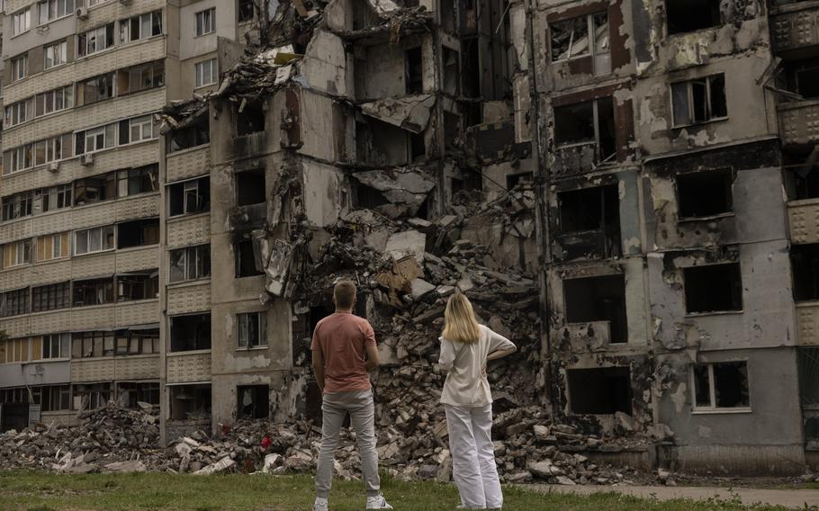 A heavily damaged war-torn apartment building in Kharkiv, Ukraine, on May 22, 2023. 