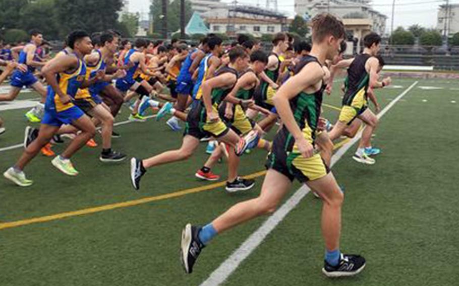 Boys move off the start line at the beginning of Saturday's DODEA and Kanto Plain cross country meet at Yokota, which featured Kadena of Okinawa for the first time in two years.