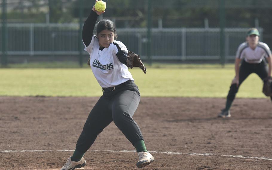 Alconbury pitcher KalilaT'eo winds up for a pitch against Vicenza during day two of the DODEA-Europe softball championshps on on May 23, 2024, in Kaiserslautern, Germany. Alconbury won the game 22-14.