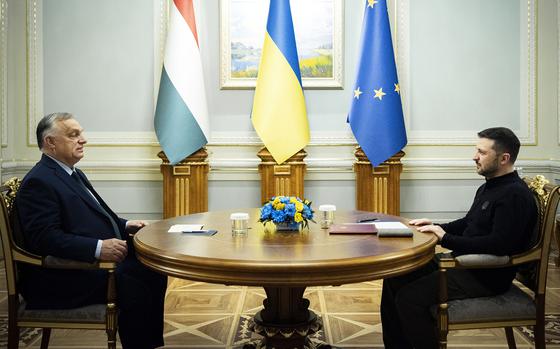 Ukrainian President Volodymyr Zelenskyy, right, and Hungarian Prime Minister Viktor Orban meet in Kyiv on July 2, 2024.