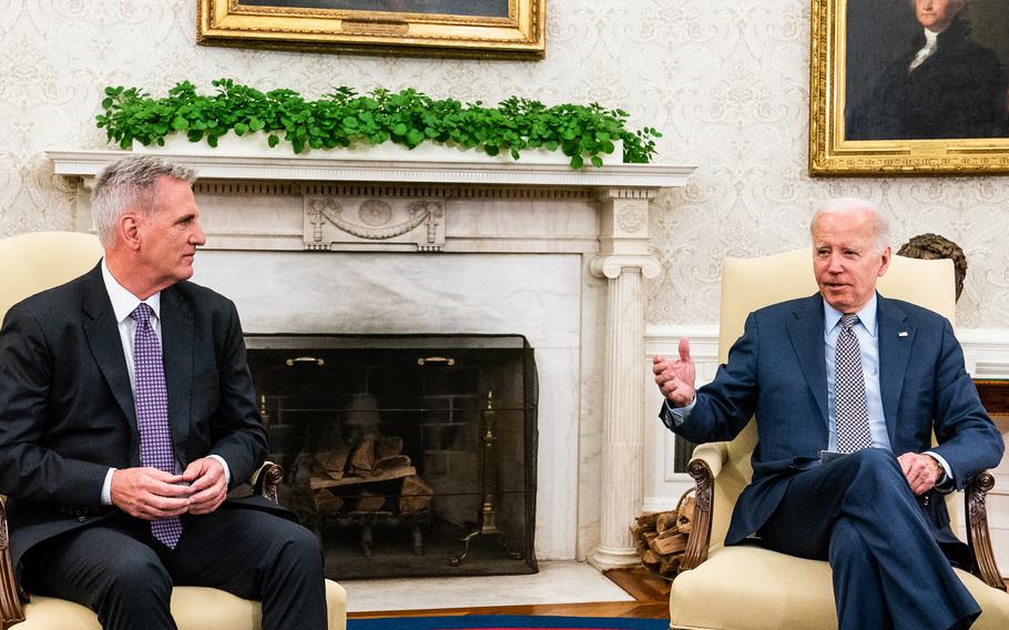 President Biden meets with House Speaker Kevin McCarthy (R-Calif.) in the Oval Office of the White House in Washington, D.C., on May 22, 2023. 