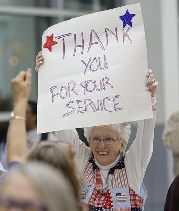 Honor Flight Syracuse welcomes home 80 veterans on Mission 18 at Syracuse Hancock Internal airport, Syracuse, N.Y., April 22, 2023. 