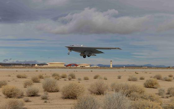 A B-21 Raider conducts flight tests, which includes ground testing, taxiing and flying operations, at Edwards Air Force Base, Calif. The B-21 will possess the range, access and payload to penetrate the most highly-contested threat environments and hold any target around the globe at risk, the Air Force says.