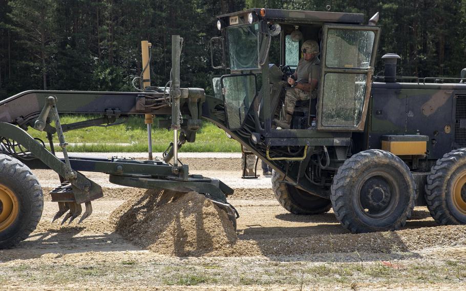 Soldiers from the 961st Engineer Construction Company work to renew a runway at the Joint Multinational Readiness Center, Germany, on June 25, 2024.