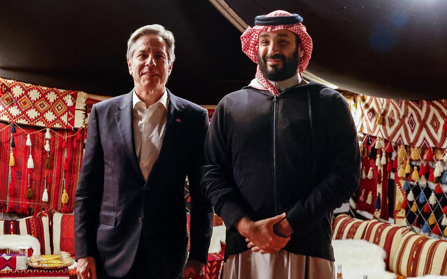 Secretary of State Antony Blinken, left, meets with Saudi Crown Prince Mohammed bin Salman at al-Ula in northwestern Saudi Arabia on Jan. 8, 2024.