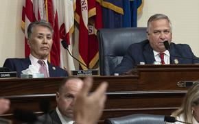 Rep. Mark Takano, D-Calif., left, and Rep. Mike Bost, R-Ill., listen to speakers during a House Committee on Veterans’ Affairs meeting on voter registration at VA facilities on Sept. 10, 2024.