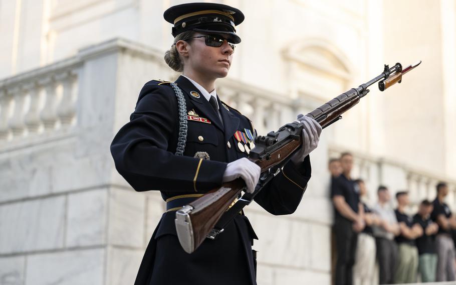 U.S. Army Spc. Jessica Kwiatkowski conducts her last Changing of the Guard at the Tomb of the Unknown Soldier, Arlington, Va., Oct. 4, 2024. 