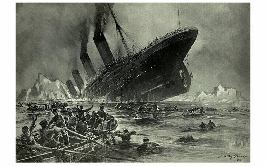 An engraving by Willy Stöwer depicts the 1912 sinking of the Titanic.