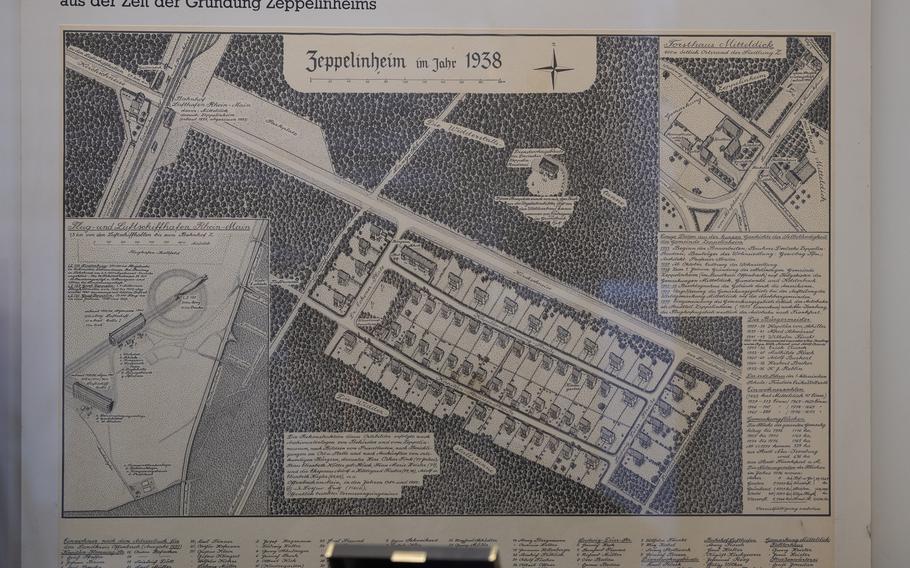 A rendering from 1938 on display at the Zeppelin Museum shows the company town of Zeppelinheim. It was built to house employees of of the new Rhein-Main airship base. The houses were occupied by 90 families toward the end of 1937.