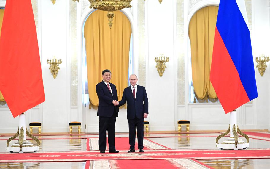 President of the People’s Republic of China Xi Jinping meets with President of Russia Vladimir Putin at the official welcoming ceremony in the Grand Kremlin Palace in Moscow.