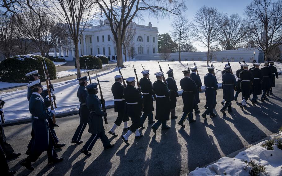 Members of the U.S. military Joint Honor Guard parade as they rehearse ahead of the upcoming presidential inauguration, at the North Lawn in front of the White House in Washington, Jan. 12, 2025.