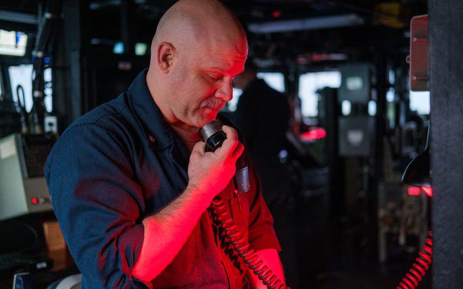 A chaplain aboard the USS Mason on March 4, 2024. 