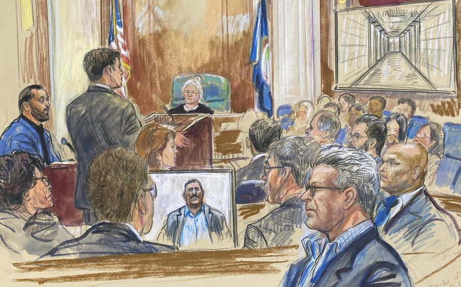 A courtroom sketch of the trial of military contractor CACI over the treatment of Abu Ghraib detainees, April 16, 2024.