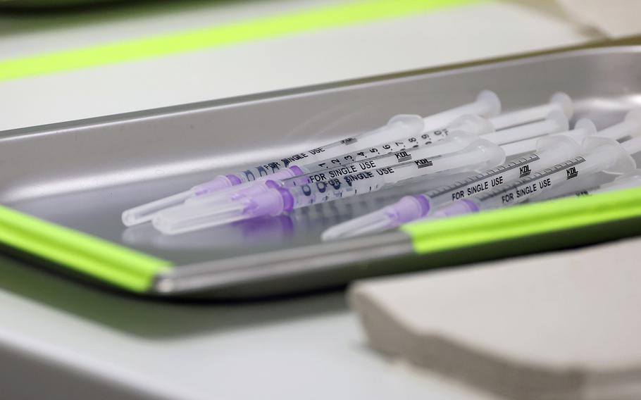 Syringes filled with Nuvaxovid vaccine against Covid-19 by Novavax at the Tegel vaccination center in Berlin, Germany, on Mar. 07, 2022.