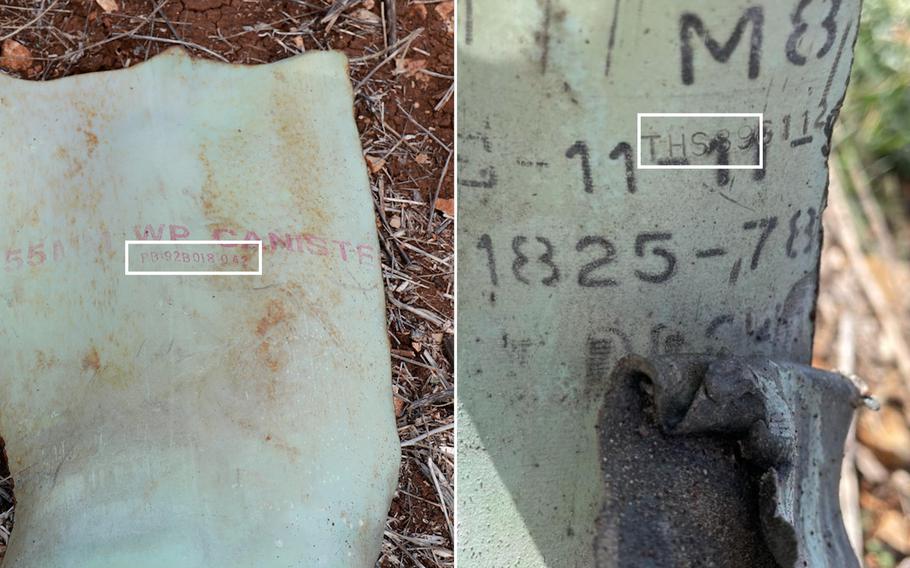 Left: One of two remnants of white phosphorous smoke rounds found in Dheira, Lebanon. Their lot production codes begin with “PB-92,” which denotes production in Pine Bluff, Ark., in 1992. Right: A third remnant found in Dheira is printed with “THS-89,” which denotes production in 1989 by Thiokol Aerospace at a Louisiana plant.