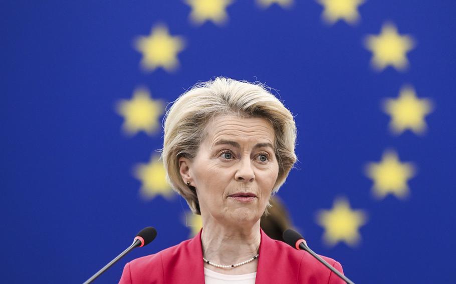 Ursula von der Leyen at the microphone.