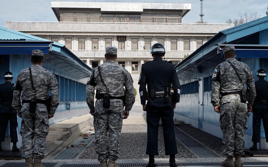 U.S. and Korean guards stand in front of Freedom House at the Demilitarized Zone between North and South Korea in November 2015.