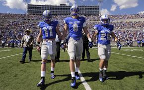 Team Captains Connor Deitz, Alex Means and Cody Getz enter the field for the coin toss prior to the start of the Colorado State Rams football game at the U.S. Air Force Academy in Colorado Springs, Colo., Sept. 29, 2012. Air Force defeated the Rams 42-21. Navy meets Air Force at Falcon Stadium, Oct. 6, 2012, in the first game of the 2012 Commander-in-Chief's Trophy race. Kickoff is at 9:30am MST.