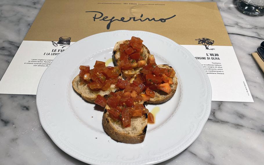 The bruschetta and tomato appetizer at Peperino Pizza and Grill in Pordenone, Italy.