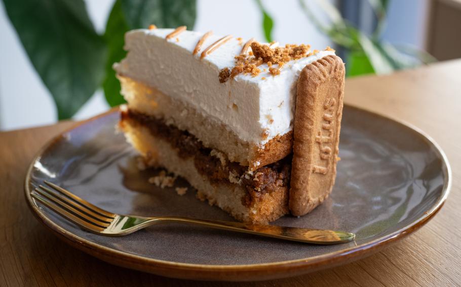 The star ingredient in the Lotus cake at Mommy’s Cafe in Kaiserslautern, Germany, is Lotus Biscoff, a beloved cookie with flavors of cinnamon, nutmeg, cloves and ginger.