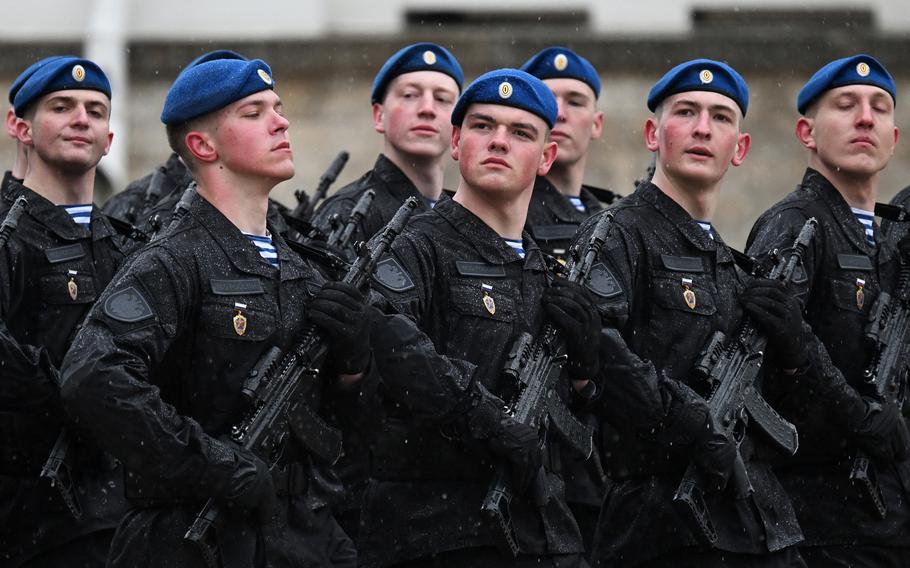 Honor guards of the Presidential regiment take part in a parade following Vladimir Putin’s inauguration ceremony at the Kremlin in Moscow on May 7, 2024.