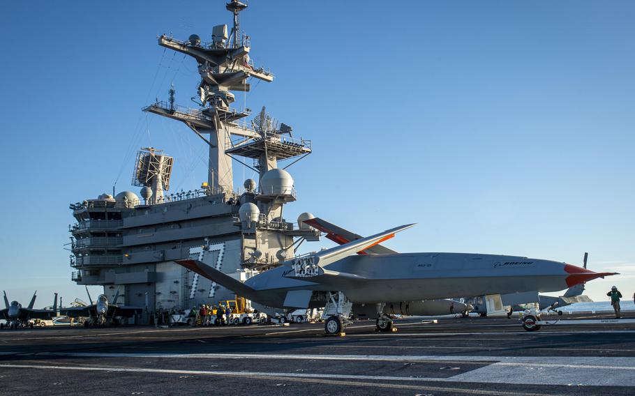 A photo of an MQ-25 Stingray aboard the USS George H.W. Bush