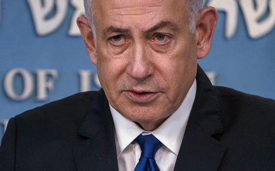 Israeli Prime Minister Benjamin Netanyahu speaks during a joint press conference with the German chancellor after their meeting in Jerusalem on March 17, 2024. (Leo Correa/Pool/AFP via Getty Images/TNS)