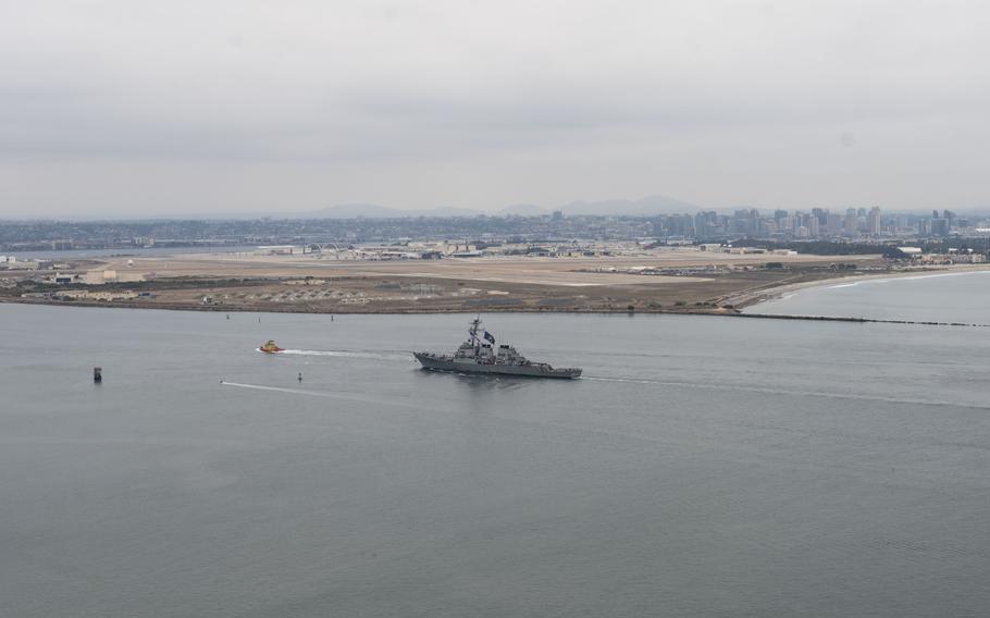 The Arleigh Burke-class guided missile destroyer USS Russell (DDG 59) returns to its homeport of San Diego, Oct. 15, 2024.