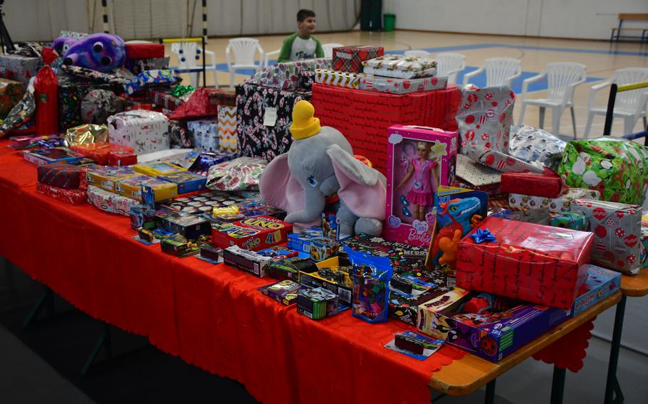 Toys and gifts donated by the soldiers of the 54th Brigade Engineer Battalion, 173rd Airborne Brigade, are put on display for schoolchildren Dec. 5, 2023, in Camisano Vicentino, Italy.