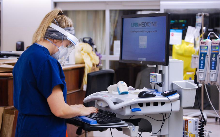 This undated photo provided by the University of Alabama Birmingham shows the inside of UAB Hospital's COVID-19 intensive care unit.