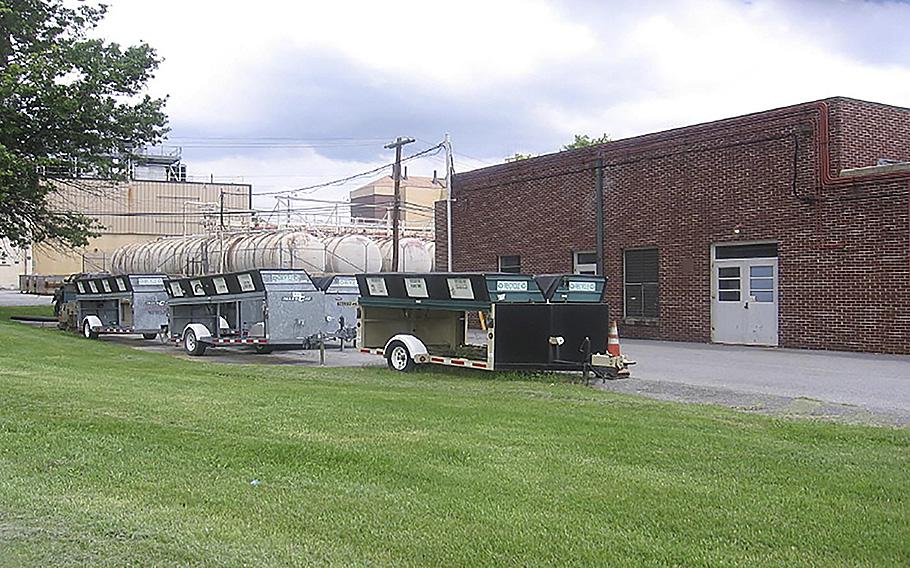 The first lab waste storage tanks to fail at Fort Detrick’s steam sterilization plant in May 2018 were located inside this brick building, flooding its basement with a mixture of wastewater and rainwater. 