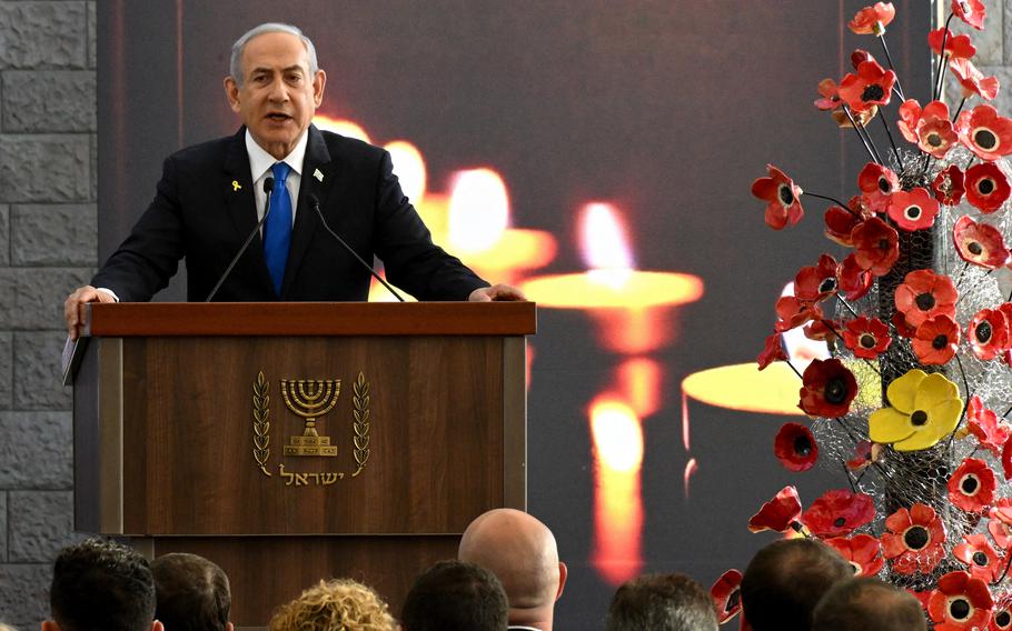 Benjamin Netanyahu gives a speech.