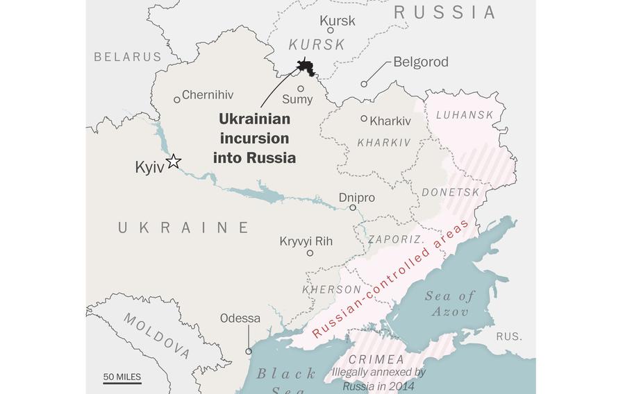 A map of Ukraine shows the region of Russia where Ukrainian forces have taken control of territory.