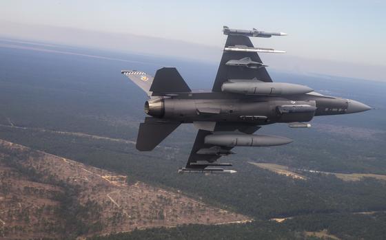 An F-16 Fighting Falcon assigned to the 85th Test Evaluation Squadron prepares for an approach at Eglin Air Force Base, March 19, 2019. Eglin AFB is responsible for the development, acquisition, testing, and deployment and sustainment of all air-delivered non-nuclear weapons. (U.S. Air Force photo by Senior Airman Joshua Hoskins)