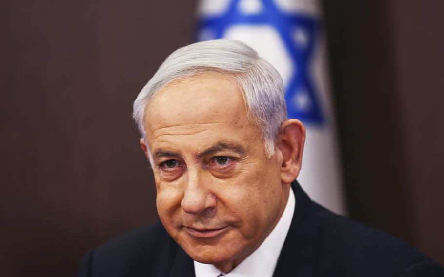 Israeli Prime Minister Benjamin Netanyahu convenes a cabinet meeting at the prime minister’s office in Jerusalem, April 2, 2023. 