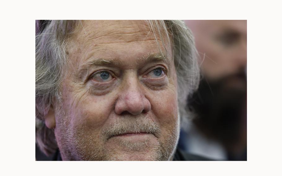 Former White House Chief Strategist Steve Bannon records his TV show before speaking at the “Turning Points: The People’s Convention,” on June 15, 2024, at Huntington Place Convention Center in Detroit, Michigan. 