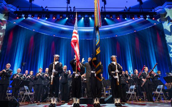 U.S. Navy Ceremonial Guard members present the colors during a U.S. Navy Band performance in Washington, Oct. 6, 2024.