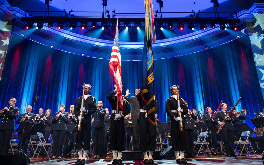 U.S. Navy Ceremonial Guard members present the colors during a U.S. Navy Band performance in Washington, Oct. 6, 2024.