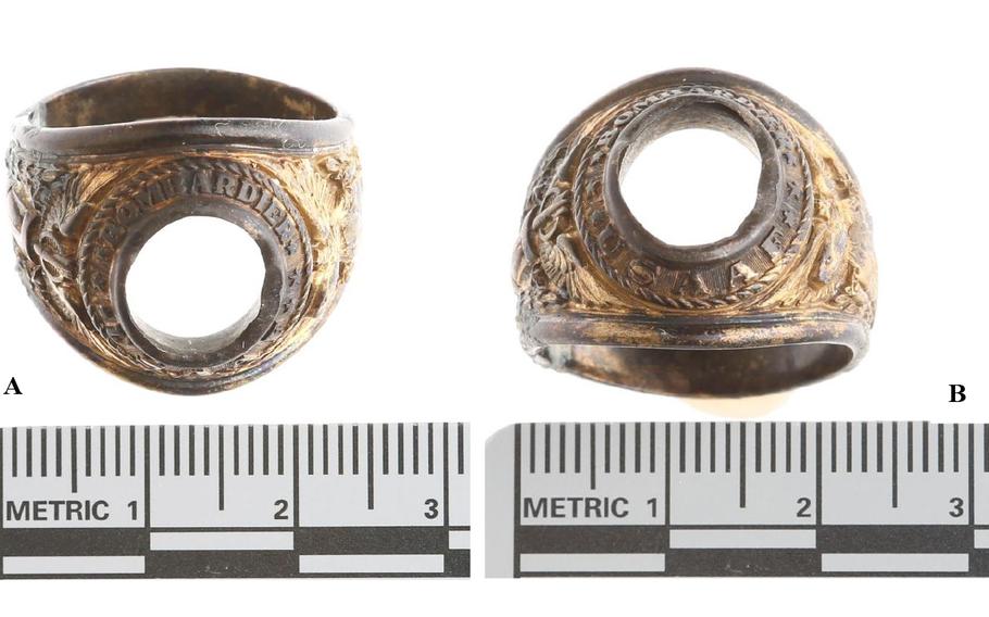 Two views, with measurements, of a ring that belonged to 2nd Lt. Thomas V. Kelly Jr.