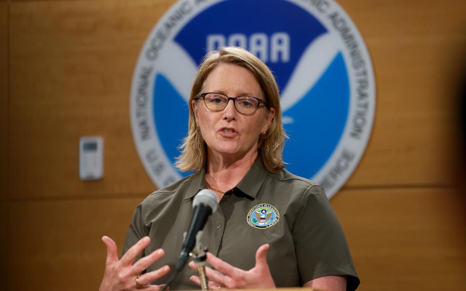 FEMA administrator Deanne Criswell addresses the media May 31, 2023, atthe National Hurricane Center in Miami. The agency is set to run out of money next month, prompting the proposition of an emergency spending bill from lawmakers in hurricane-prone states.