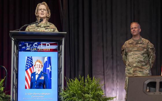 Lt. Gen. Donna Shipton, commander of the Air Force Life Cycle Management Center, addresses the crowd at Life Cycle Industry Days on Monday, July 29, 2024, at the Dayton Convention Center in Dayton, Ohio. Brig. Gen. Jason Bartolomei, the commander of the Air Force Research Laboratory, looks on. 