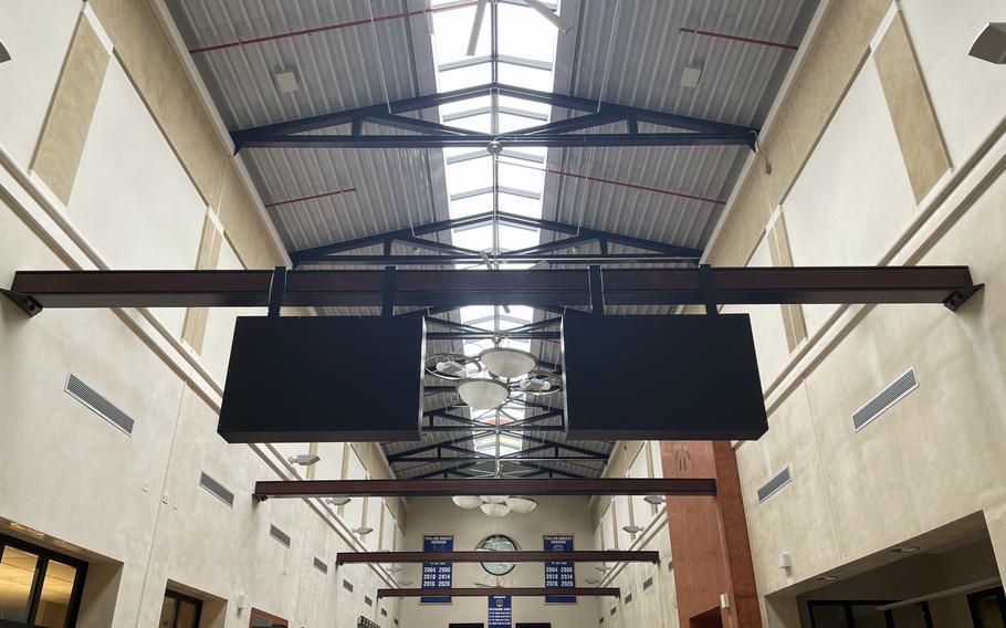 The middle section of the passenger terminal roof at Aviano Air Base is gone after a storm swept through the area on July 12, 2024.