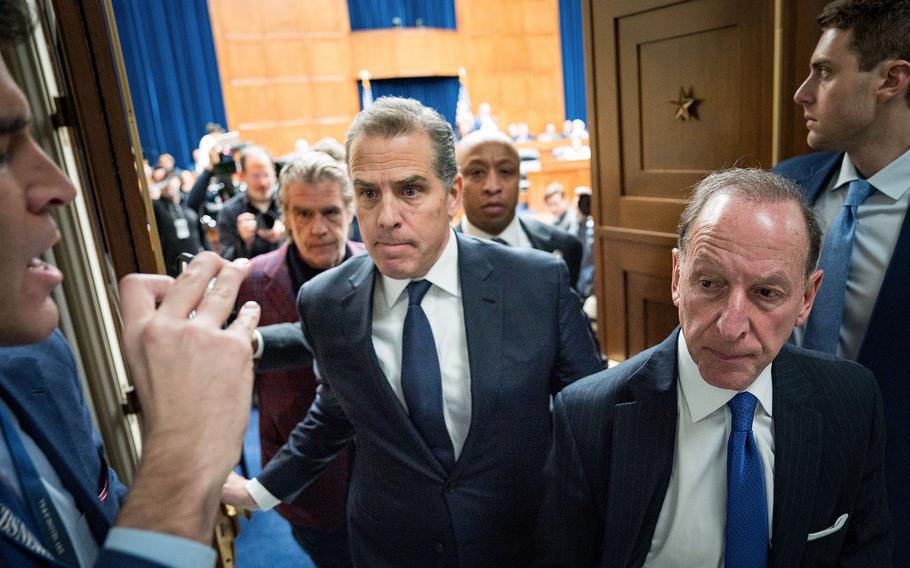 Hunter Biden, center, son of President Joe Biden, and his lawyer Abbe Lowell, right, depart a House Oversight Committee meeting on Capitol Hill in Washington, D.C., on Jan. 10, 2024.