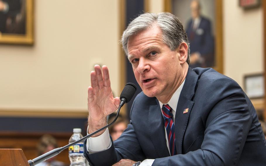 FBI director Christopher Wray testifies July 12, 2023, before the House Committee on the Judiciary on Capitol Hill in Washington, D.C. Wray defended the bureau as Republican critics accused it of bias against conservatives and threatened to defund some operations.