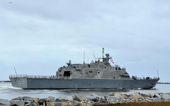 The USS St. Louis (LCS 19), a Freedom-variant littoral combat ship, during testing in January 2024.